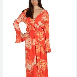 Free People Orange floral Print Twist Dress in Combo Boho Midi Floral medium m